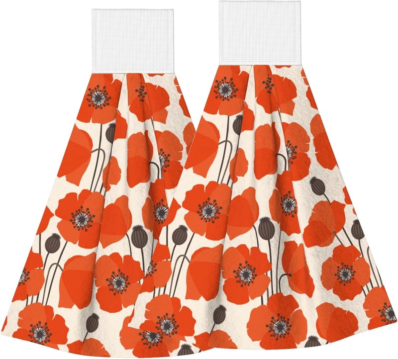 PDDCWAY Hand Towels Poppy Flowers Vintage Hanging Kitchen Towels 2 PCS Absorbent Dish Towel Fast Drying Hanging Tie Towels for Bathroom Home 14x18in - Image 1